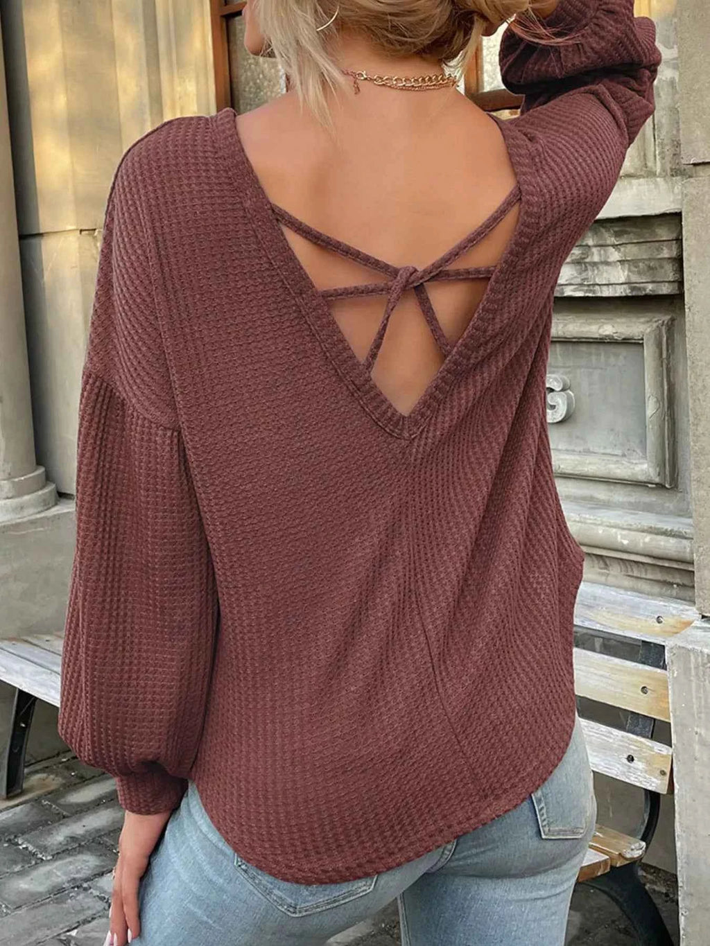 Waffle Knit Round Neck Top 67460de8-d2a6-4f27-8533-eb6a507ff5f0-Max-Origin