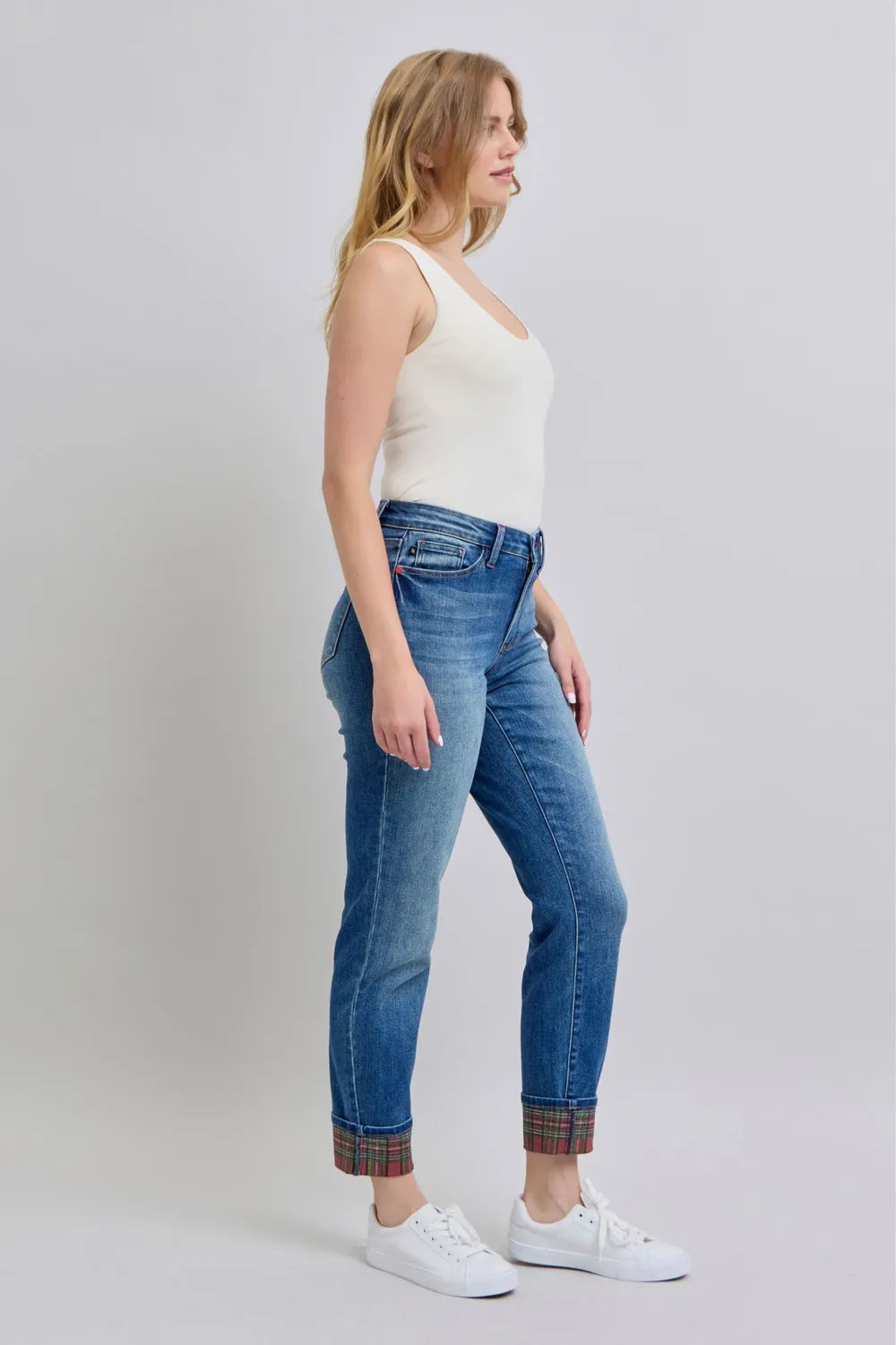 Judy Blue Full Size Plaid Print Cuff Straight Leg Jeans with Pockets 67471ea0-e099-47b5-a22c-616221eb0fee-Max