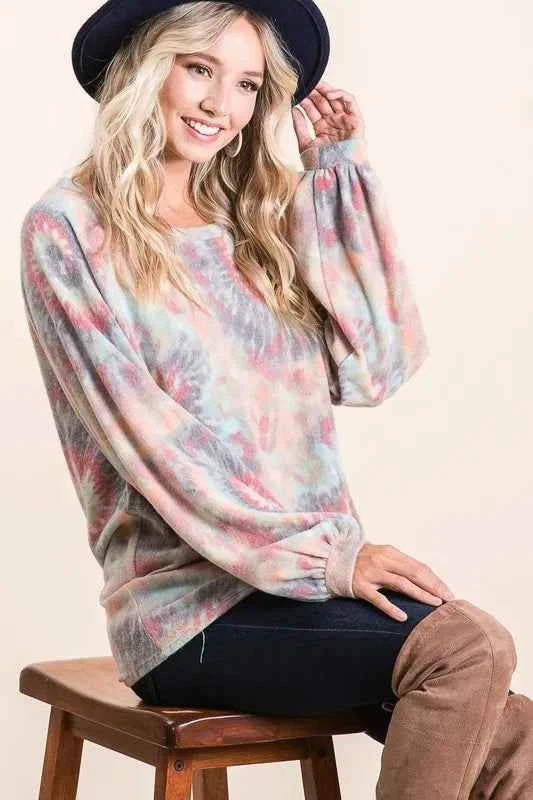 BiBi Brushed Tie Dye Print Top with Puff Sleeves TIE DYE 67492ec1a27849f2984d99621ed045d6-Max-Origin