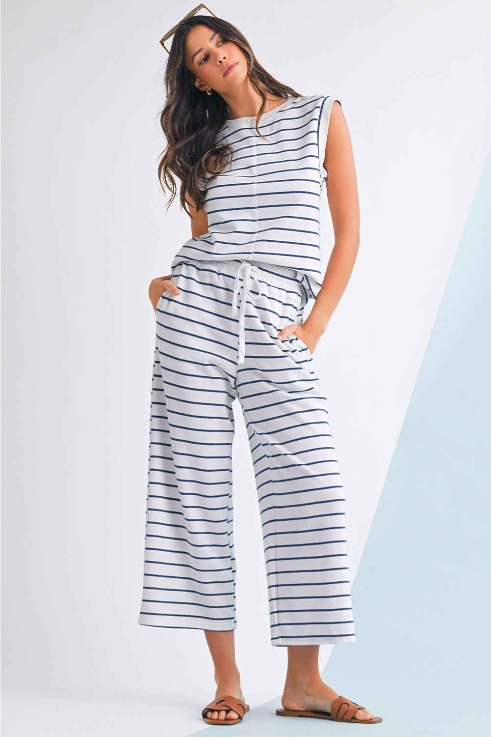 Sail Blue Casual Striped Tee and Wide Leg Pants Set 674af26bf019bc0a