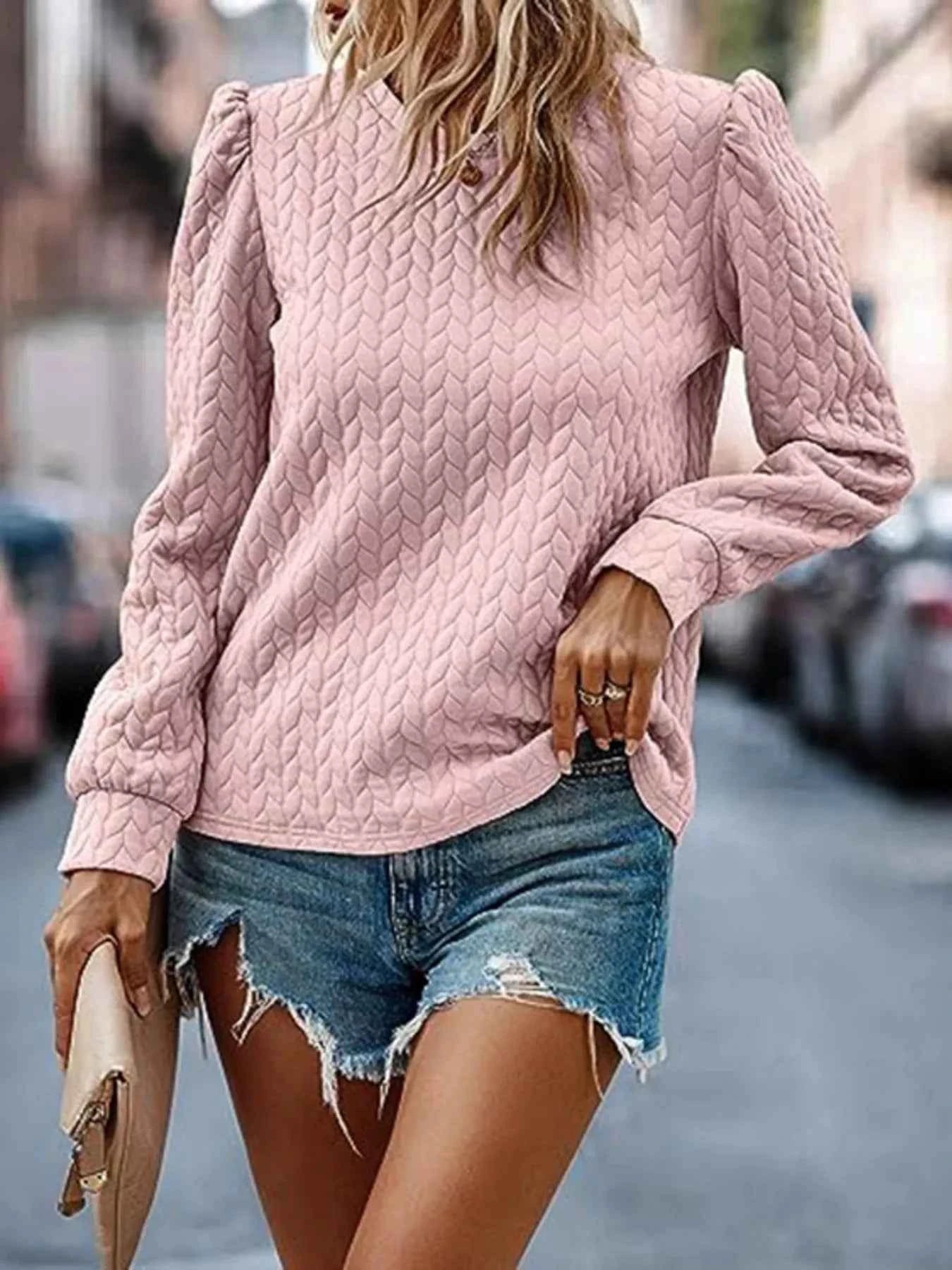 Texture Round Neck Long Sleeve Sweatshirt 674f08013fe845be916281450f123d45-Max-Origin