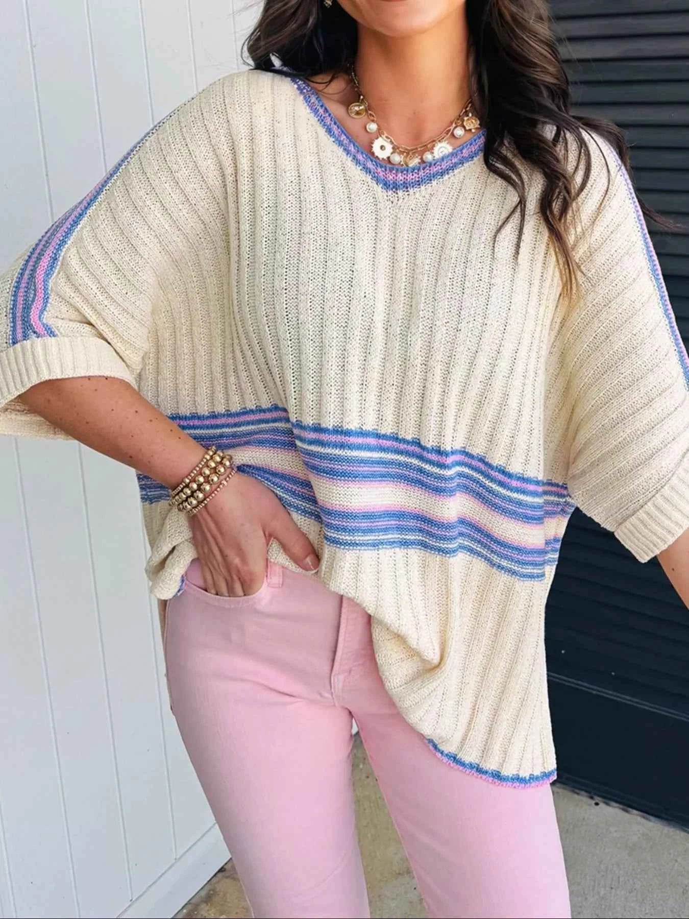 Striped V Neck Dolman Sleeve Rib Knit Oversized Sweater with Slits Cream 6769d165-0564-437b-8440-cd93416aed2a-Max-Origin