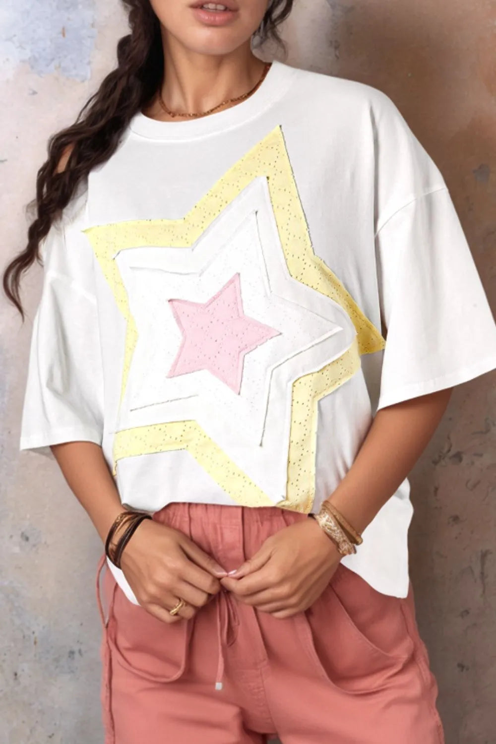 Star Layered Patched Graphic Drop Shoulder Half Sleeve Loose Tee White 6785f01d-d512-4c77-a9f3-30bf55722e09-Max-Origin