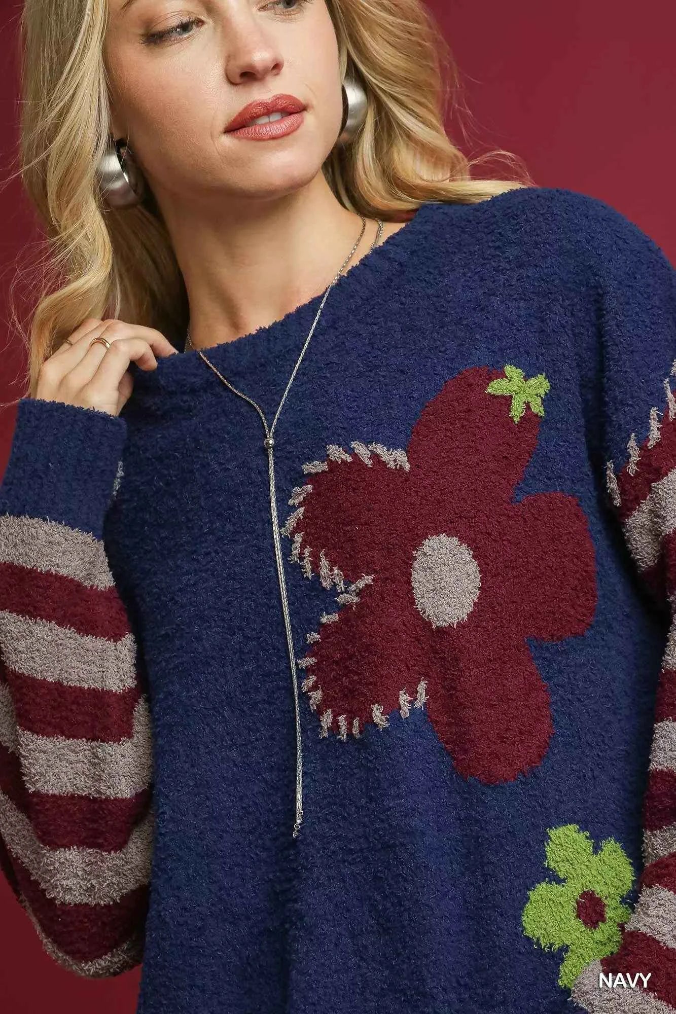 Umgee Flower Jacquard Striped Long Sleeve Sweater 6786c8dc-5a5c-4c18-a6f3-aa84eb0d3ef1-Max-Origin