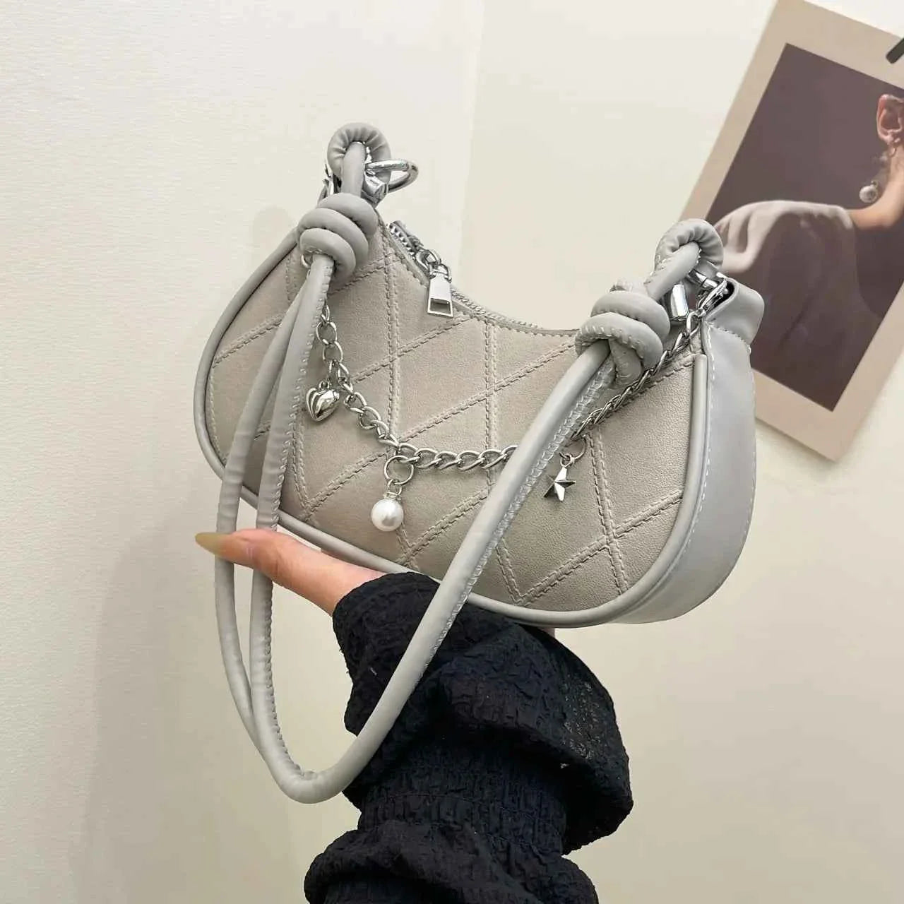 Chain Detail Crescent Shoulder Bag Gray onesize 678f0ed083c74eee8e0aafa8cc970596-Max-Origin