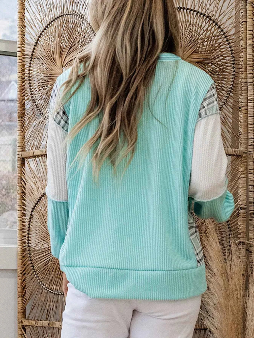 Color Block Plaid Notched Long Sleeve Top 679c5c96-4893-4fb4-a8c9-a8dea92abbe9-Max-Origin