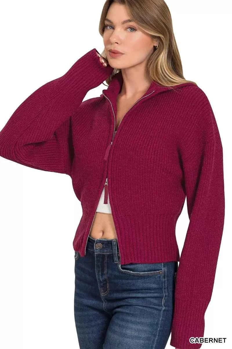 Zenana Ribbed Collared Zip Up Sweater Cardigan 67b23d7ad5224357a886baeb4fa4052c-Max-Origin