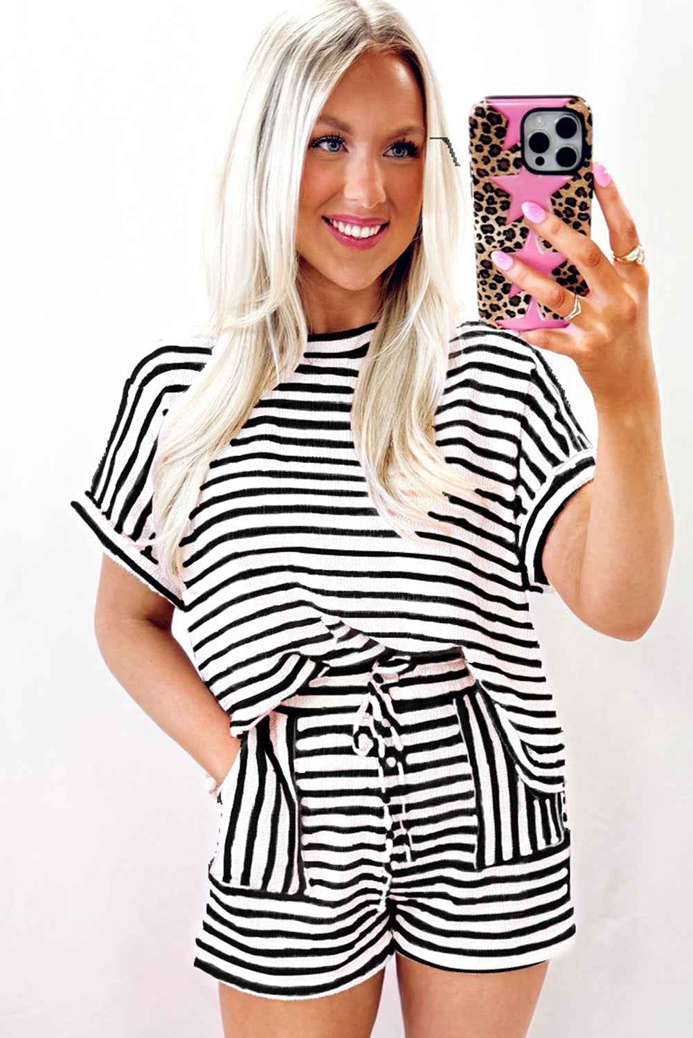 Sky Blue Striped Print Short Sleeve Top and Pocket Shorts Set 67bd92a4bfe07400