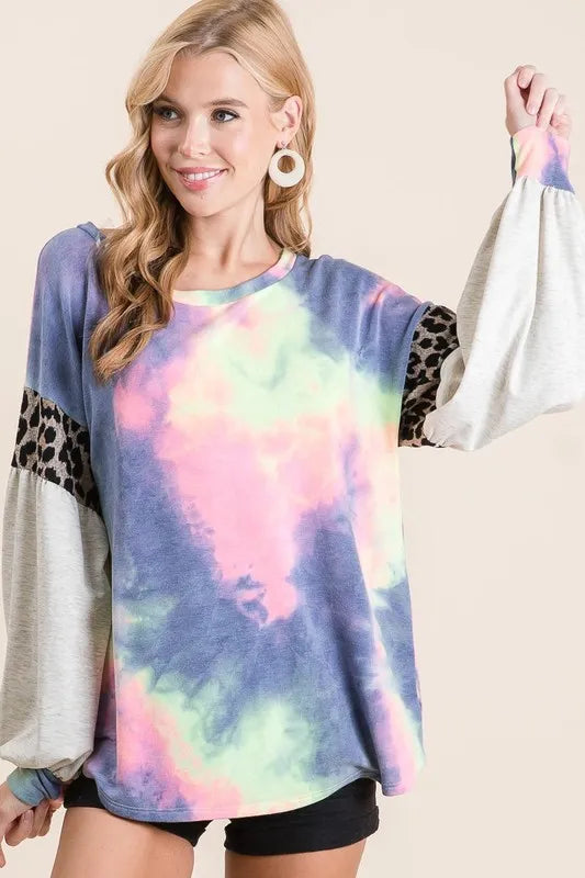 BiBi Tie Dye Terry Top with Contrast Puff Sleeves CHARCOAL TIE DYE 67d614d557af4bf2aedc92ef8dd28a2e-Max-Origin