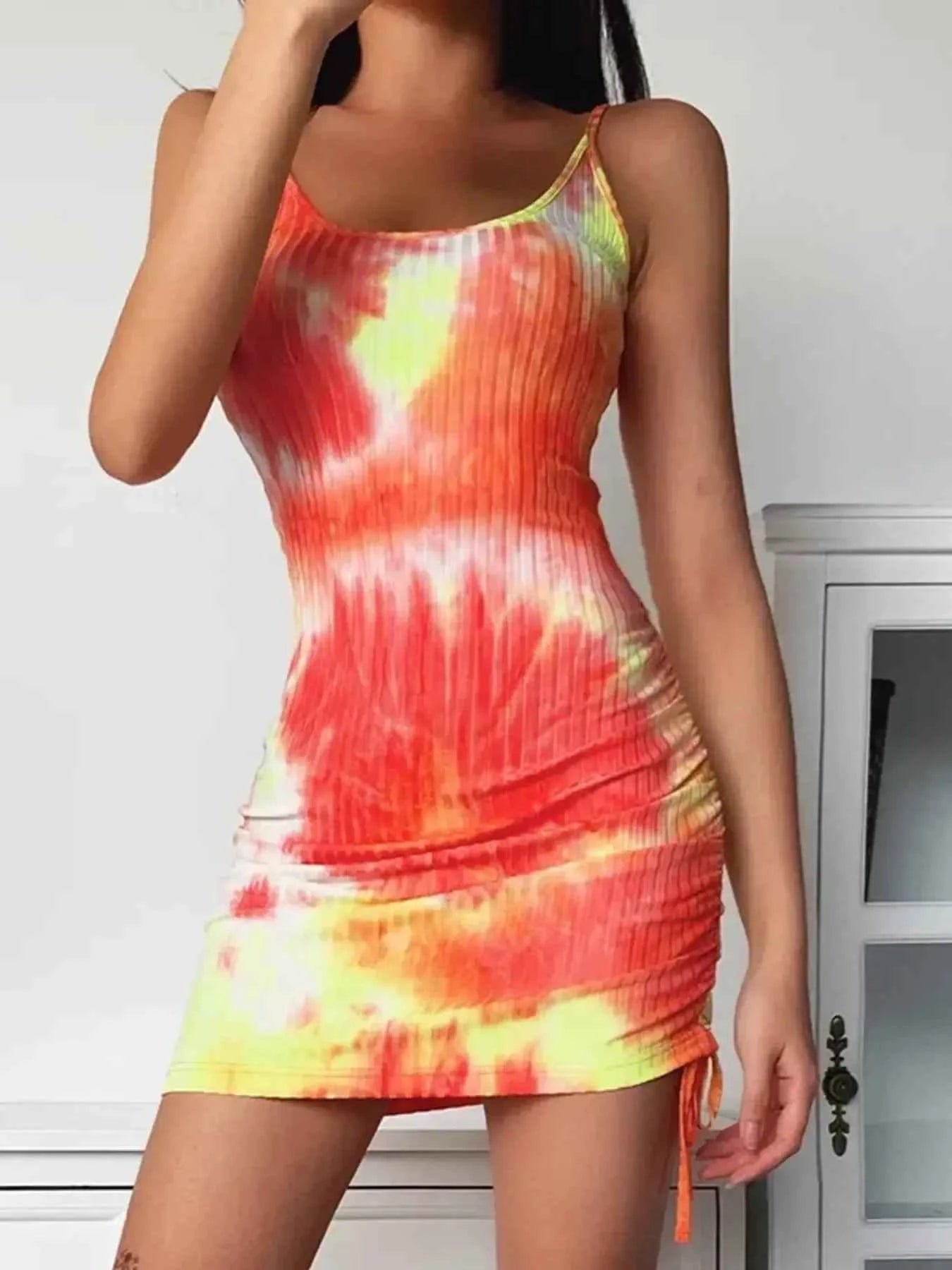 Tie-Dye Ribbed Mini Dress with Side Drawstring 680357c68507409ebb3c9779b025ce3f-Max-Origin