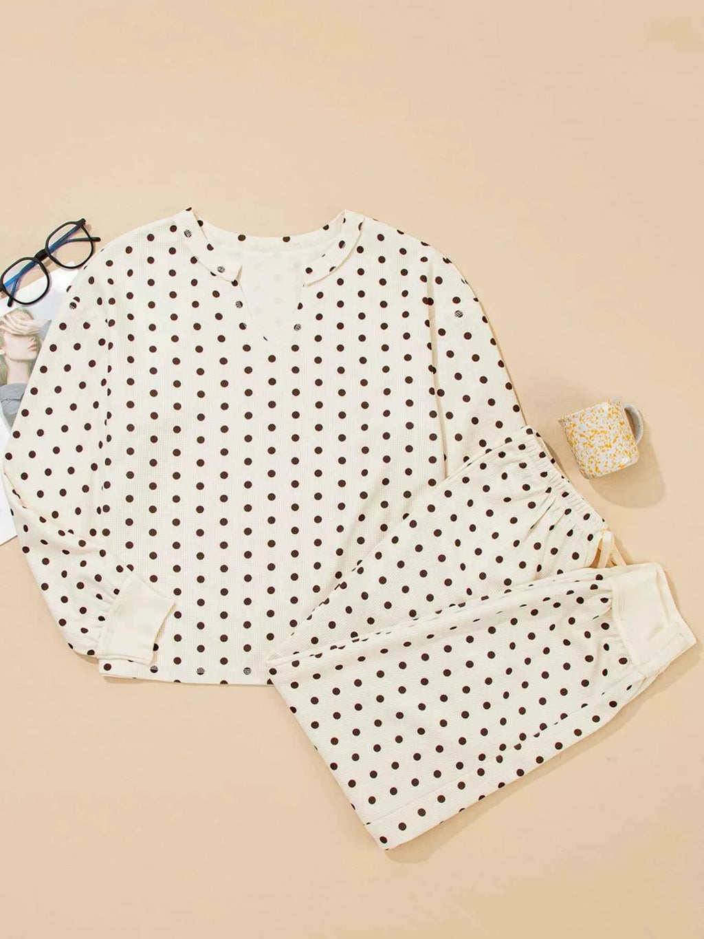 Polka Dot Notched Long Sleeve Top and Drawstring Joggers Lounge Set 680f63c14d5548af849d872425deec3d-Max-Origin