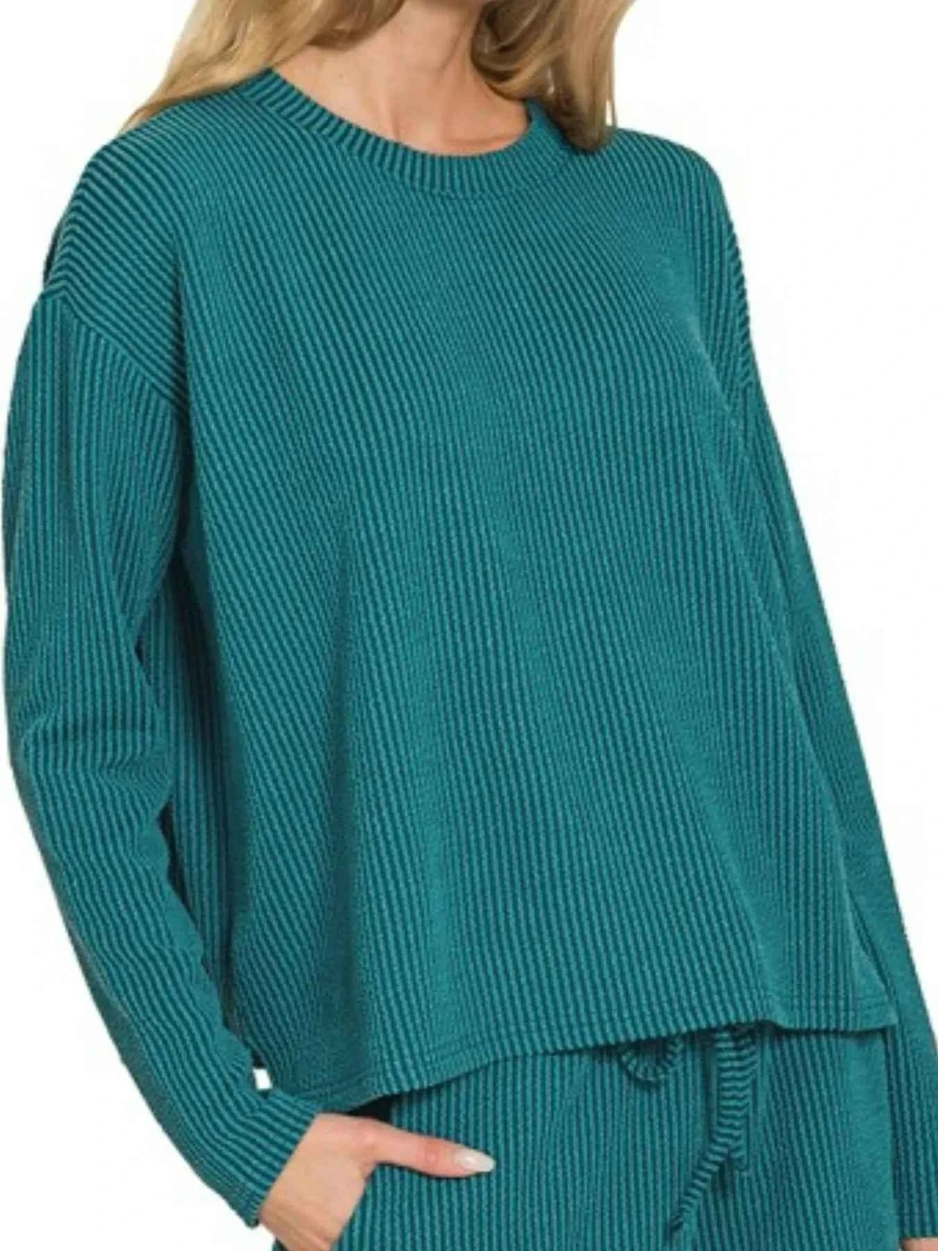 Zenana Corded Rib Long Sleeve Tee and Shorts Set TEAL 6827b0ac-9fa9-4d96-b520-425e3d963ab1-Max-Origin