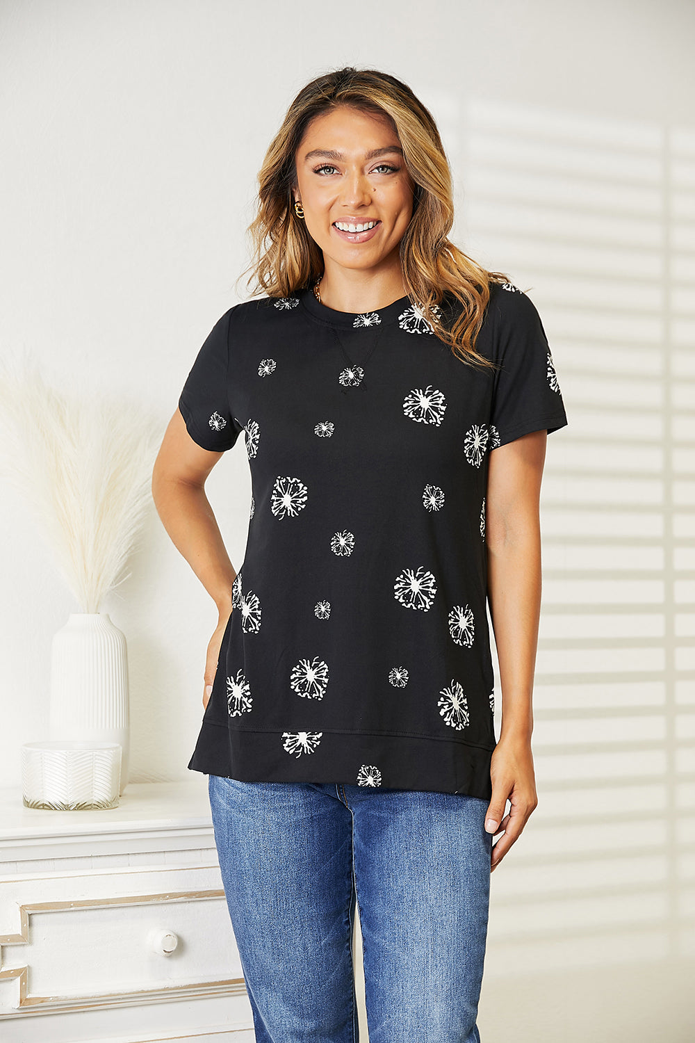 Double Take Dandelion Print Round Neck T-Shirt Black 68283234ad474642a9927107331ea32e-Max