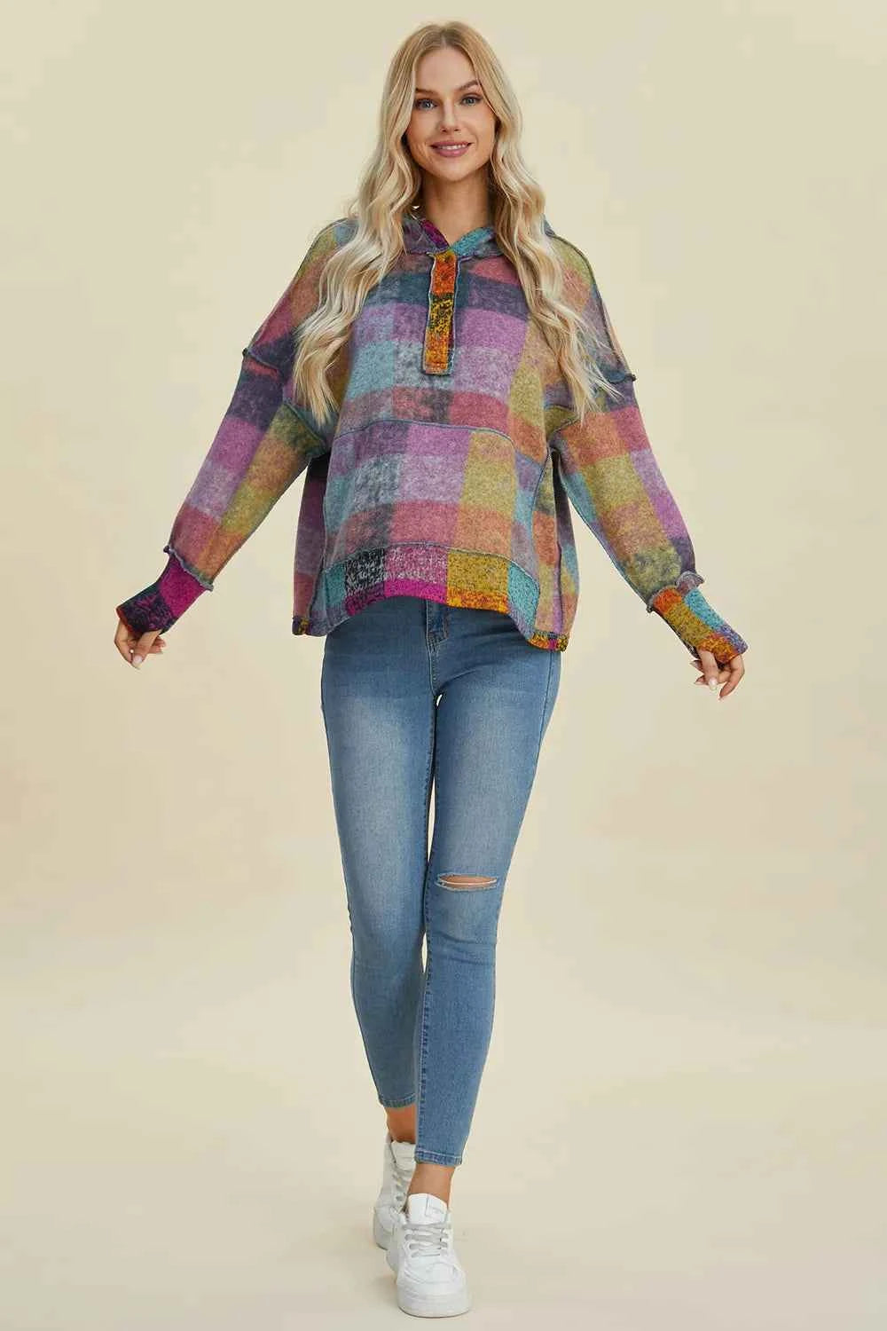 Double Take Full Size Plaid Dropped Shoulder Fleece Hoodie 682d882e-0985-4041-9320-b778d485b5e0-Max