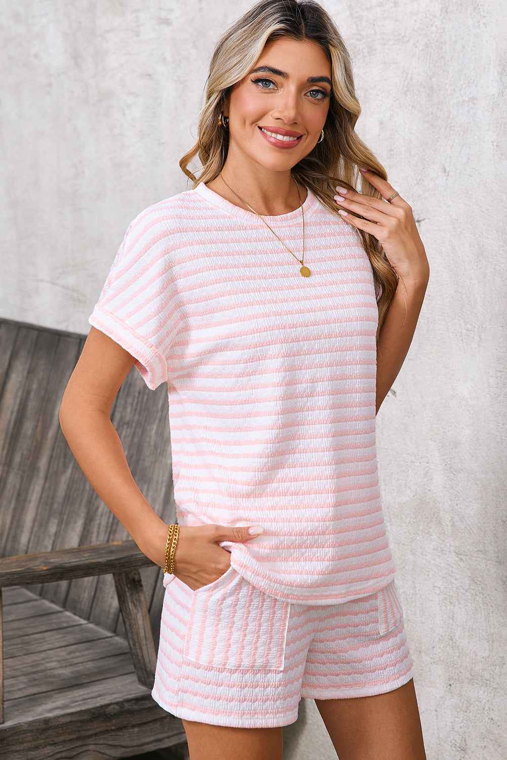 Sky Blue Striped Print Short Sleeve Top and Pocket Shorts Set 6844b38c914010ed