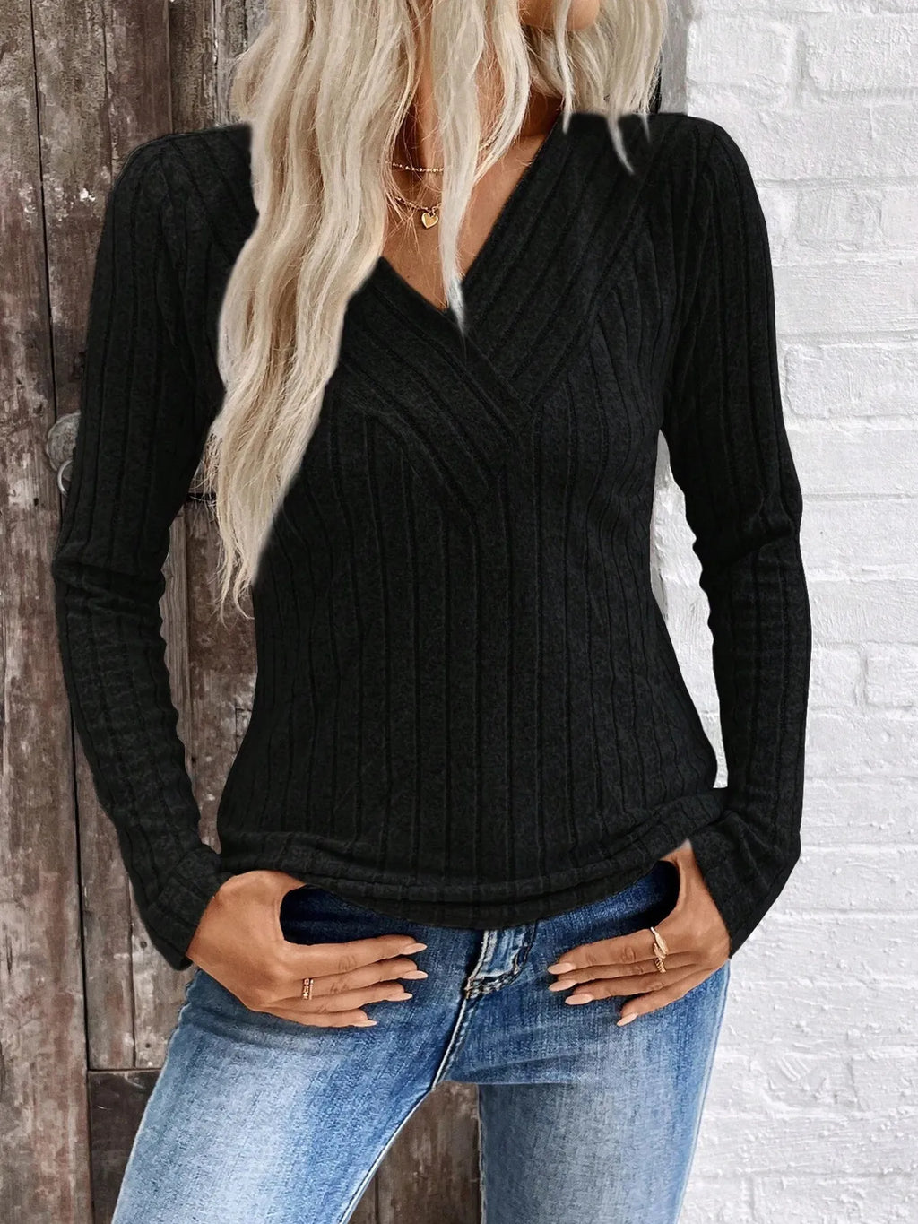 Ribbed V-Neck Long Sleeve Knit T-Shirt