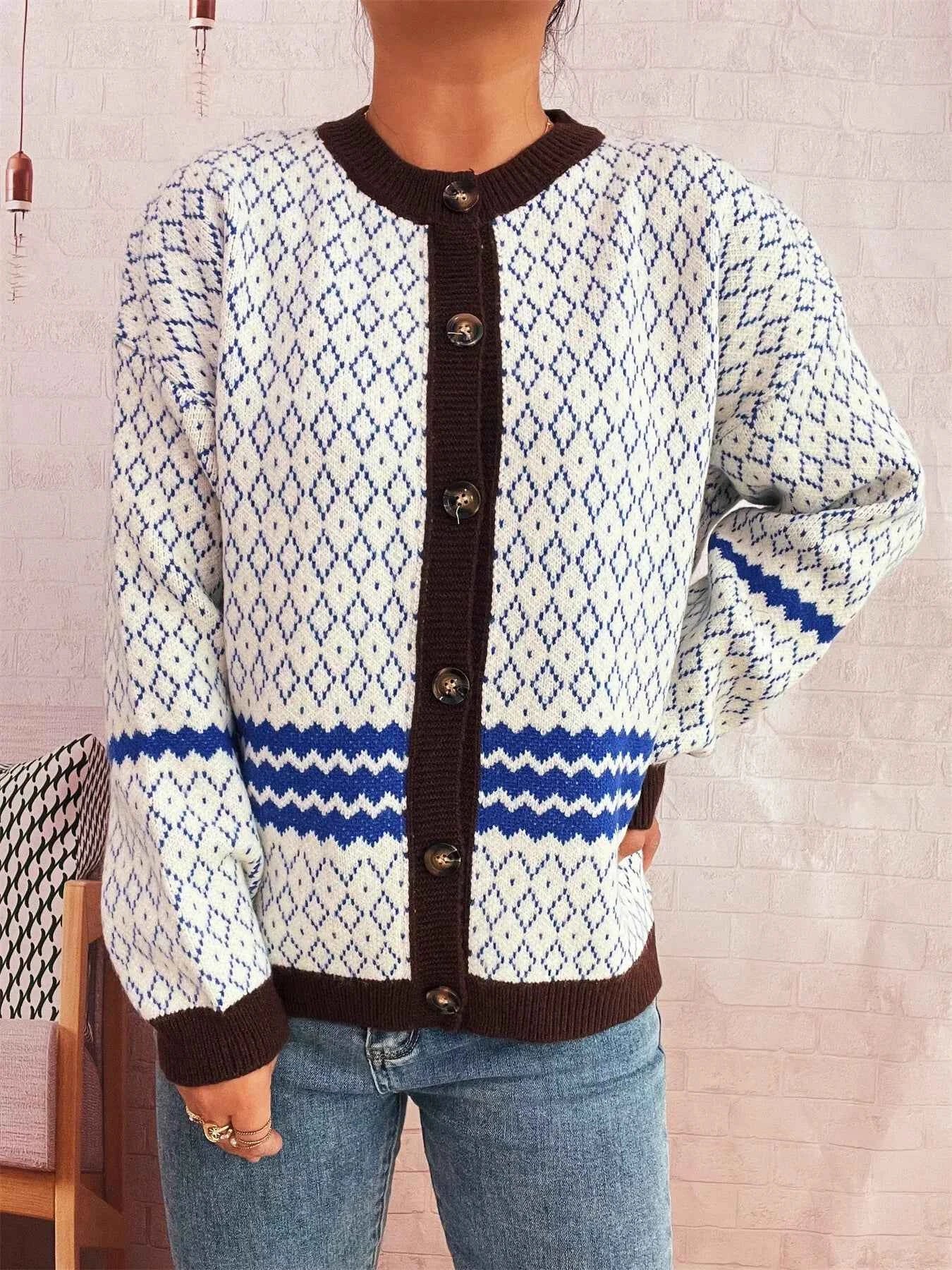 Geometric Pattern Button Up Cardigan 68539587643d42bda15992c539c61c69-Max-Origin