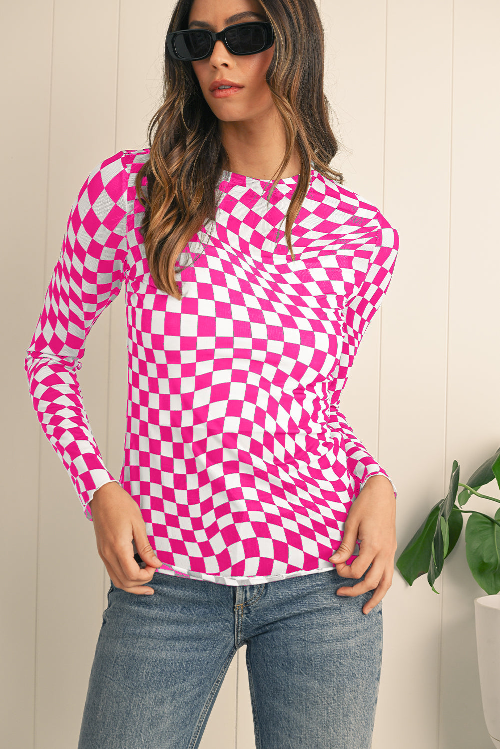 Black Checkered Pattern Mesh Long Sleeve Top Rose 95%Polyester+5%Elastane 685487466f7c5115