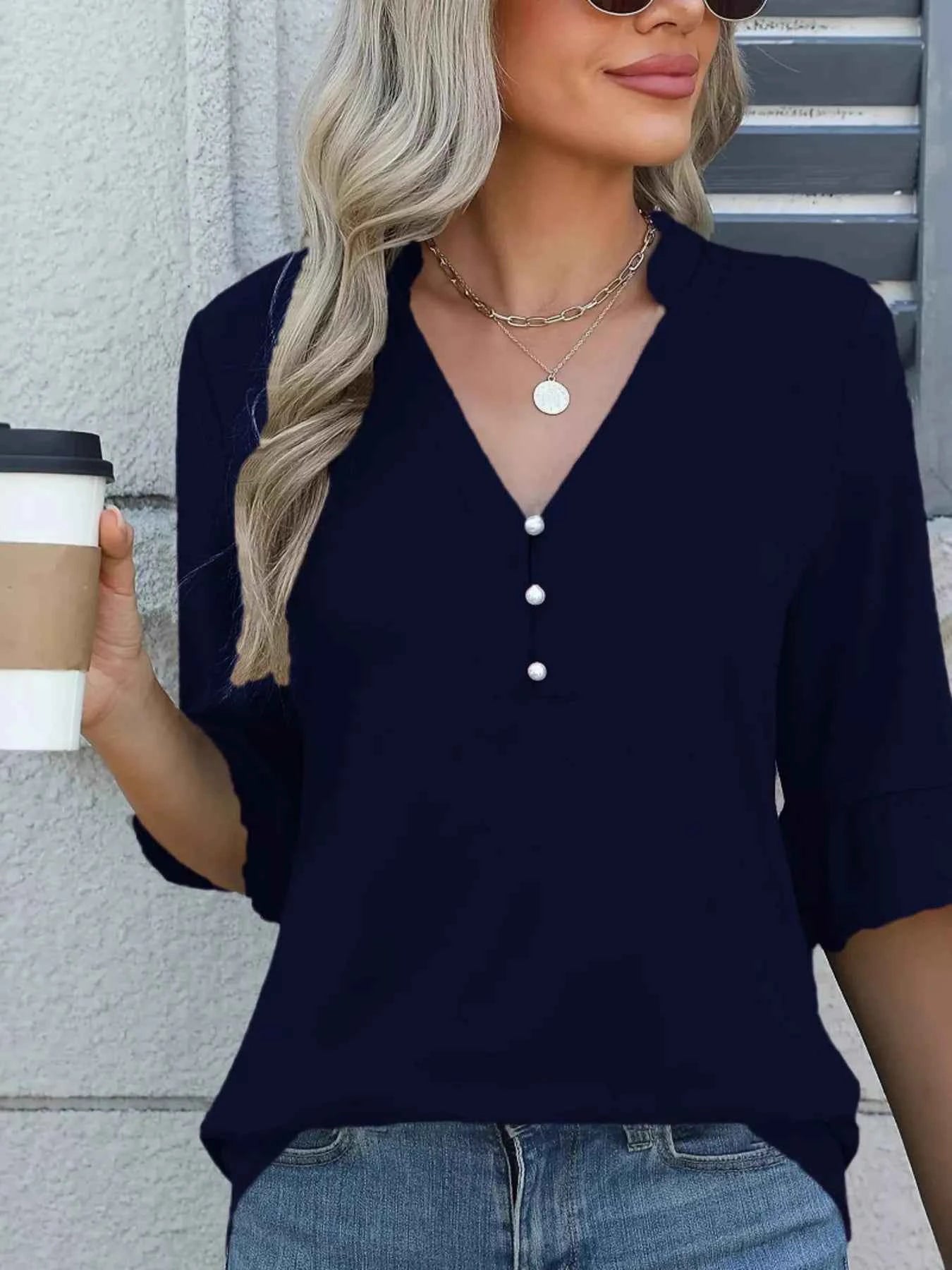 Full Size Notched Flounce Sleeve Blouse Plus Size Navy 685ae2ebba954cf78f9bdab4266fd1ec-Max-Origin