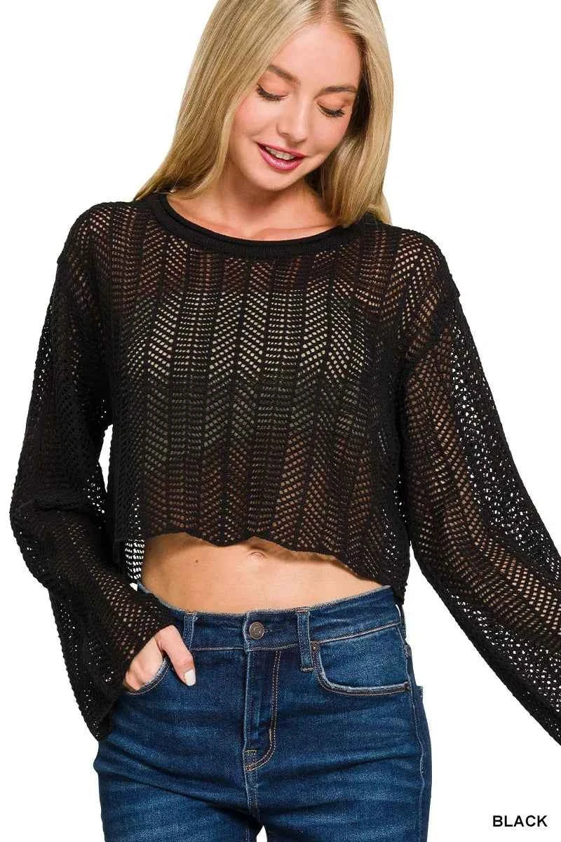 Zenana Open Knit Cropped Sweater BLACK 6865db35651f40e2b0b6f5a4413926d7-Max-Origin