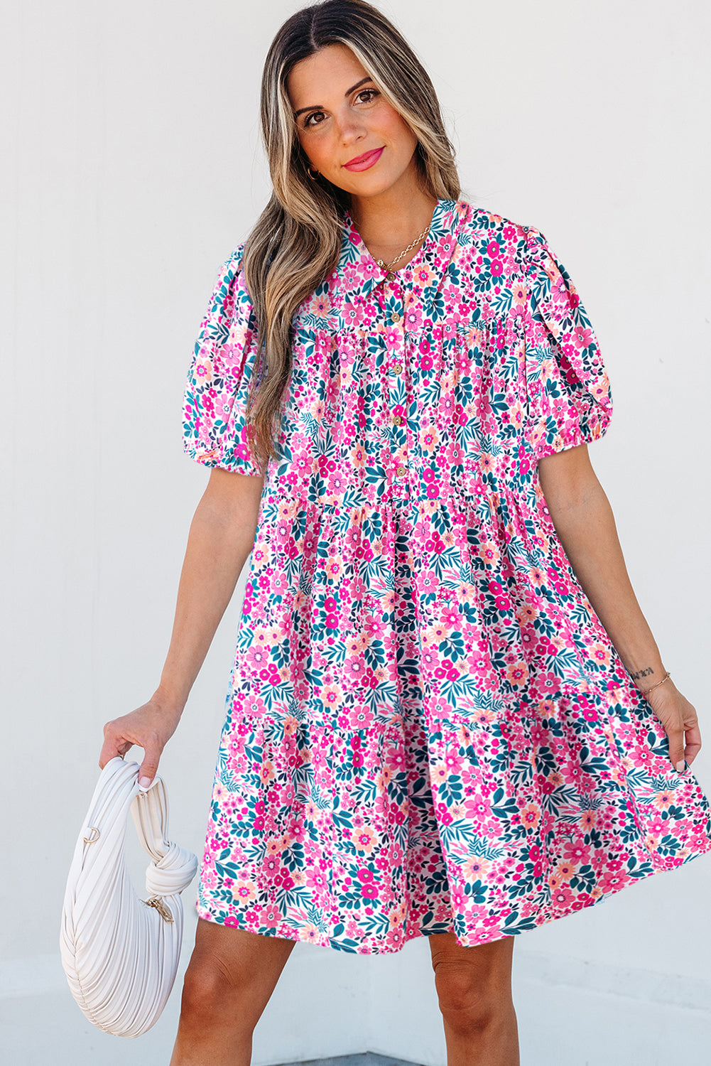 Pink Allover Floral Print Collar Half Button Short Sleeve Loose Dress 686f0d1b09db5a1f