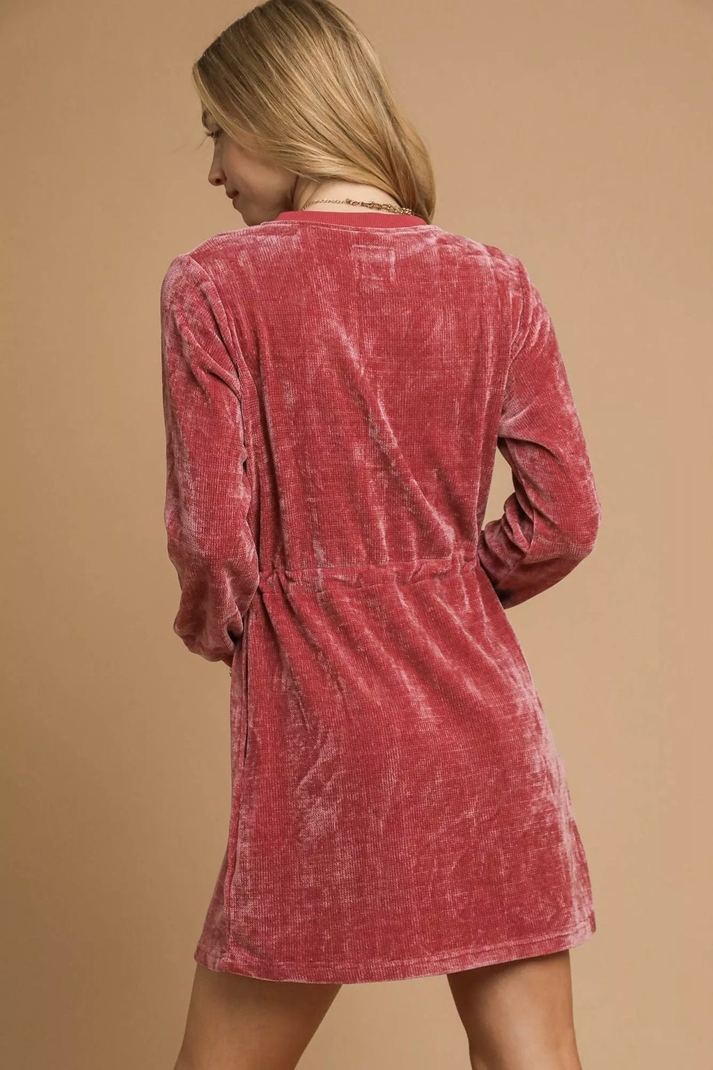 Umgee Velour Drawstring Mini Dress with Long Sleeves 6873e534-12f7-4e55-ba86-667d10604db7-Max-Origin