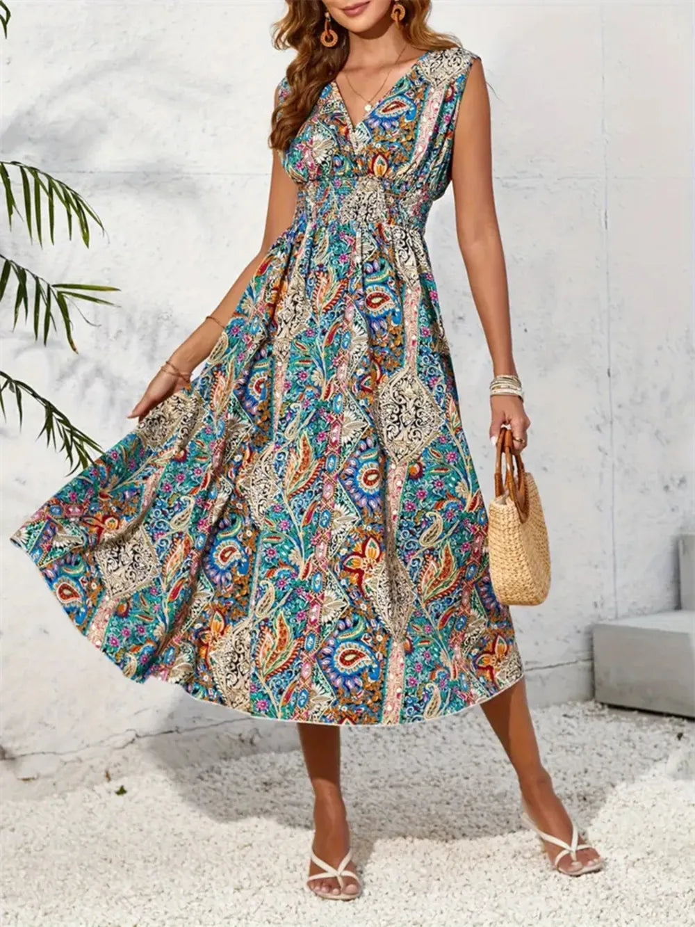 Smocked Printed Surplice Sleeveless Midi Dress 6881e98e-1da1-46f3-93d1-806b6e097332-Max