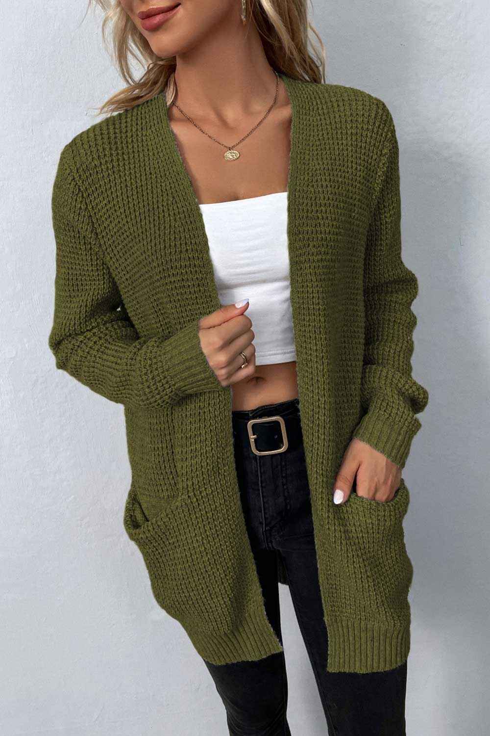 Rib-Knit Open Front Pocketed Cardigan 68829aa6f9ea4913ba33a007d0fee982-Max