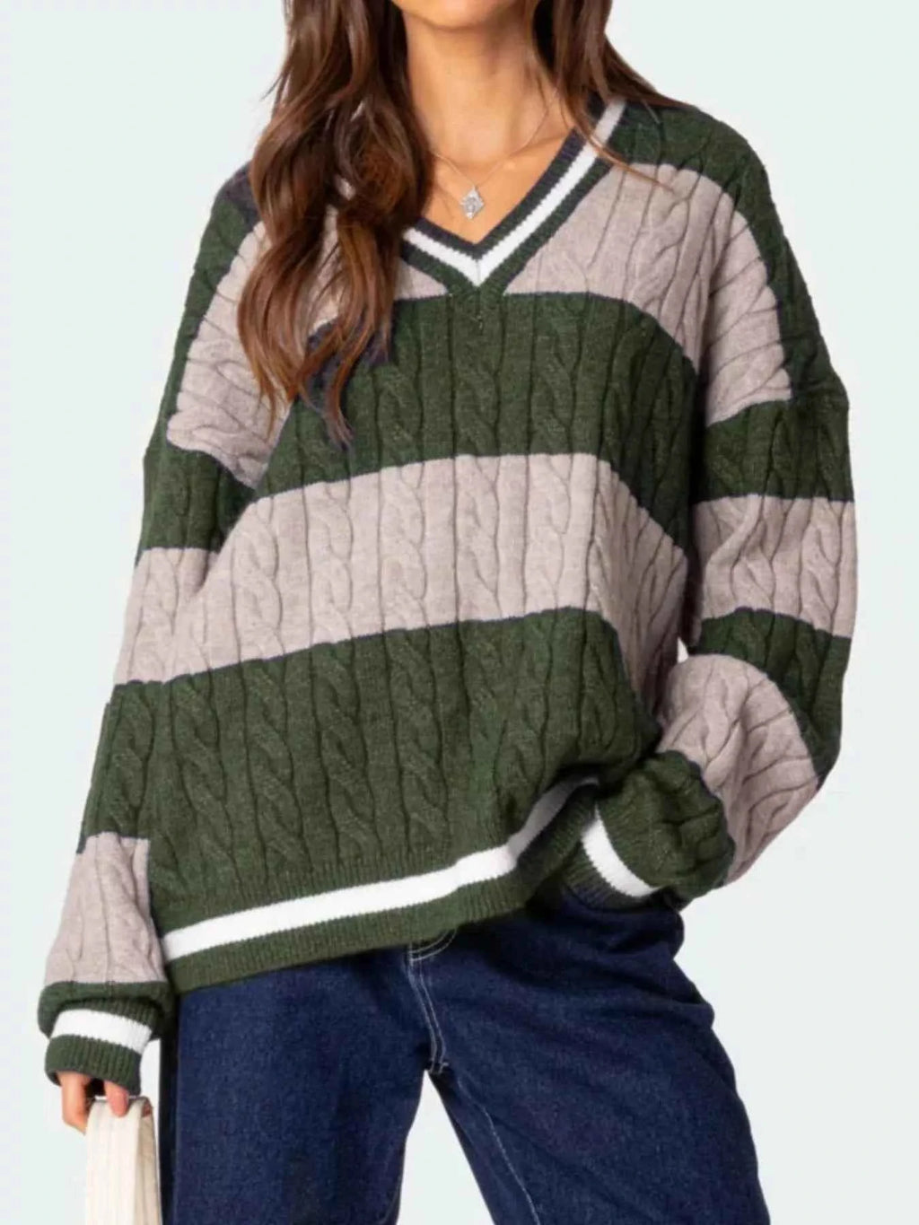 Striped Cable Knit V-Neck Sweater 6891039d-1c9c-4bac-93ee-d9e9c3e7a863-Max-Origin