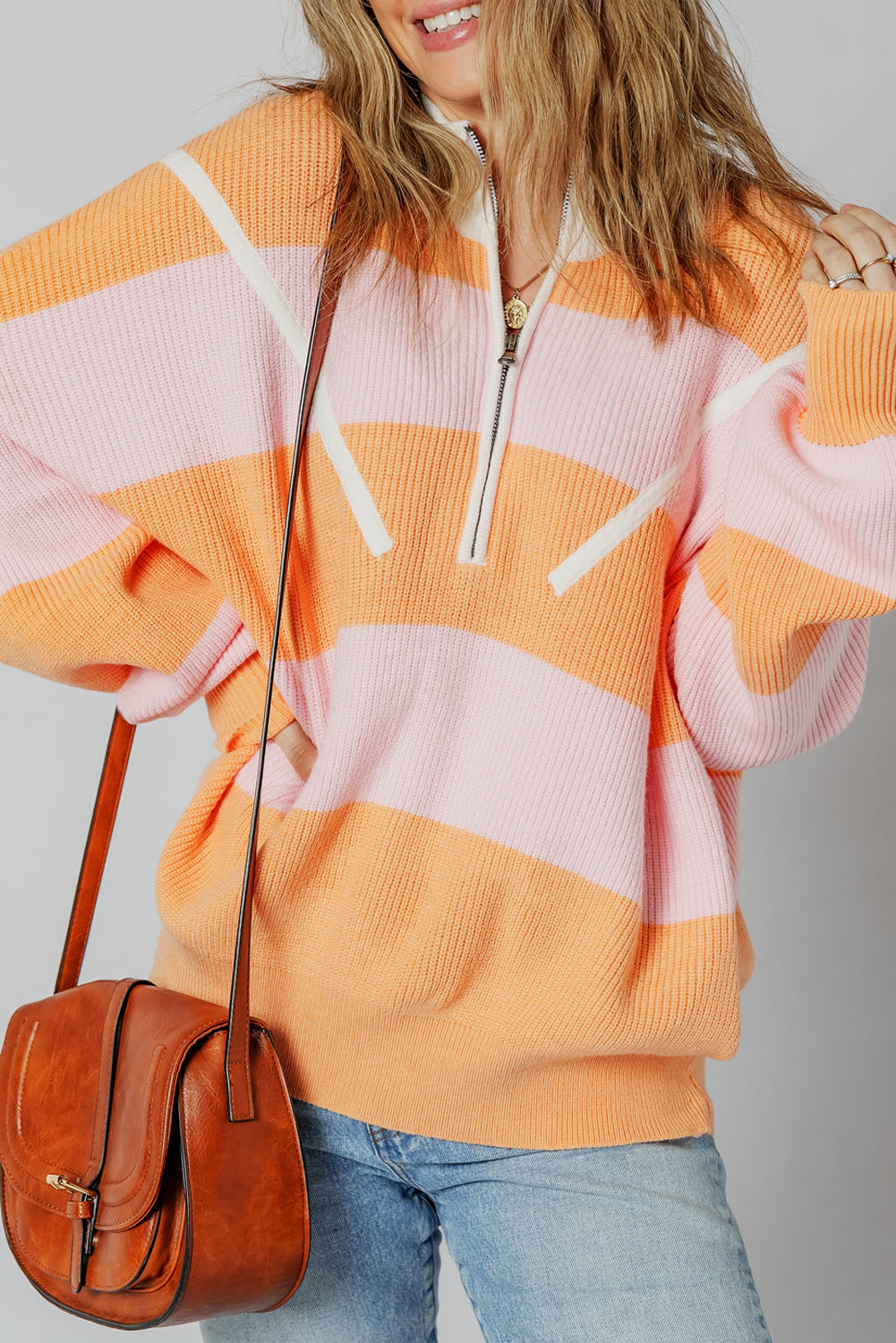 Orange Stripe Half Zip Collar Loose Sweater 68b2567cd9614683