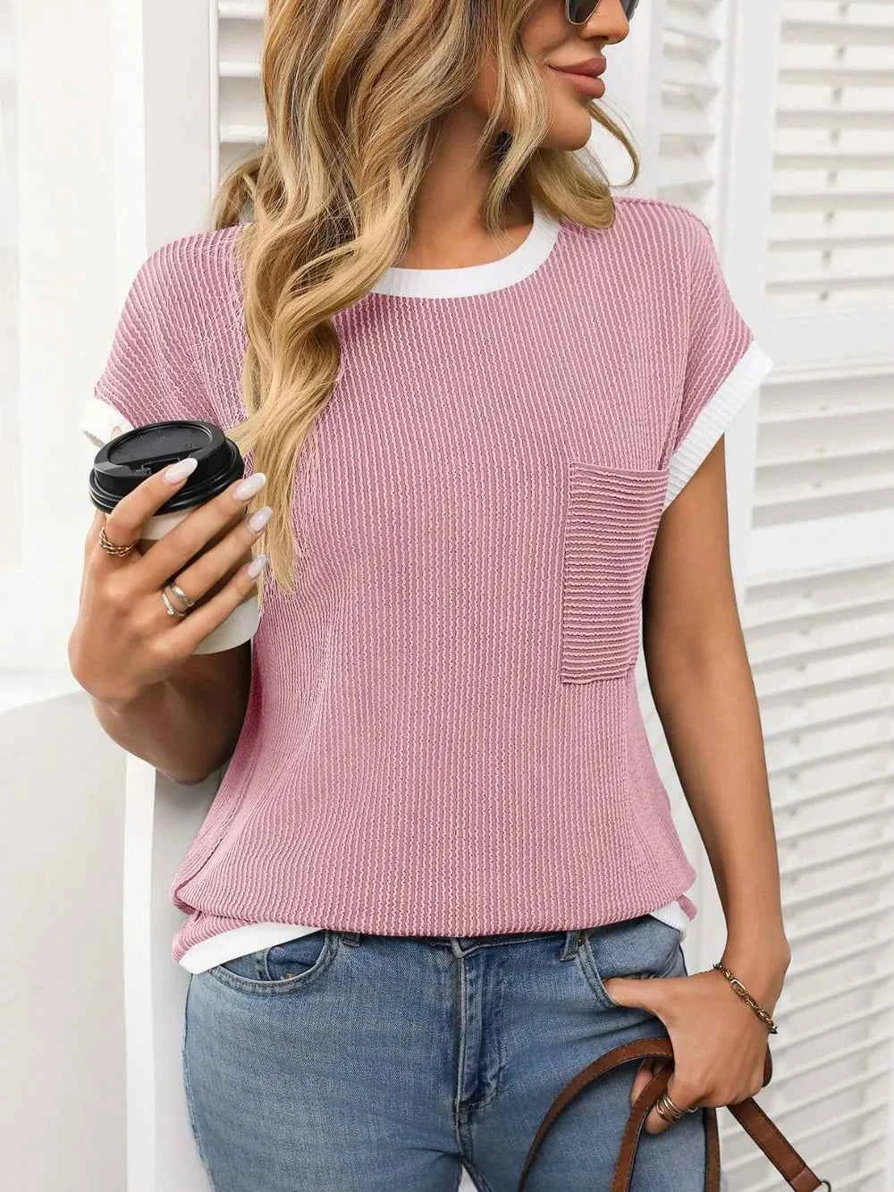 Contrast Trim Round Neck Short Sleeve T-Shirt Blush Pink 68b583fc-e4a6-4a1e-b32e-6ef69b169713-Max