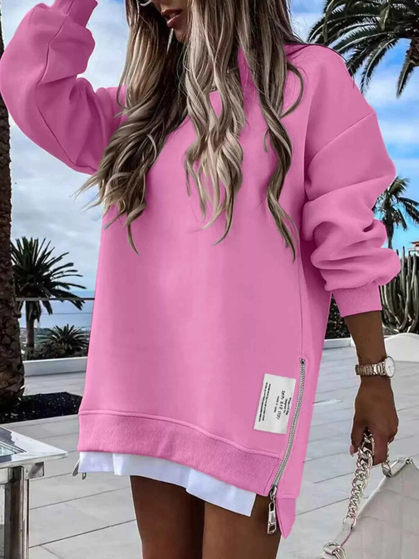 Side Slit Round Neck Long Sleeve Sweatshirt Pink 68c6990f7234411b9950b17efe4a024a-Max-Origin