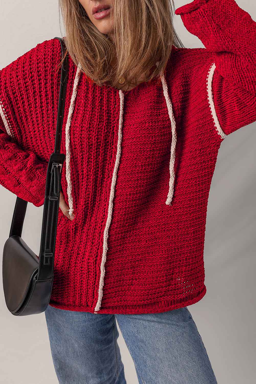 Racing Red Contrast Trim Textured Knit Drawstring Hooded Sweater 68fadbcf022d763c