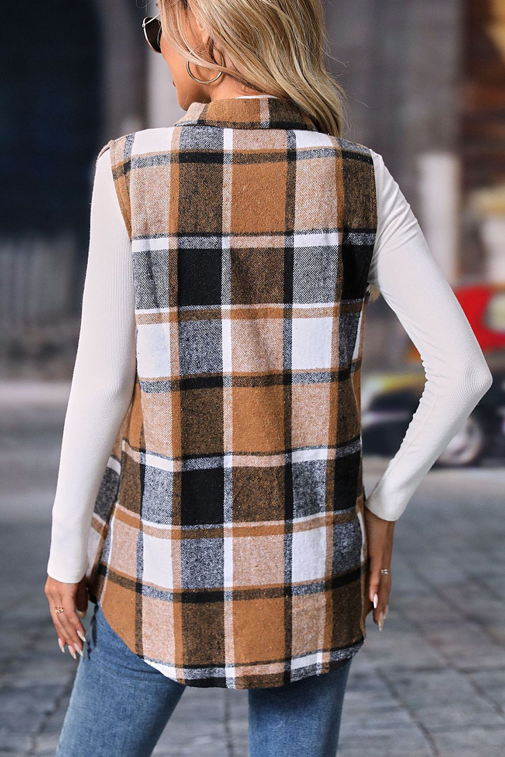 Straw Yellow Button Up Plaid Sleeveless Vest Jacket 690fbf3b1358a2a3