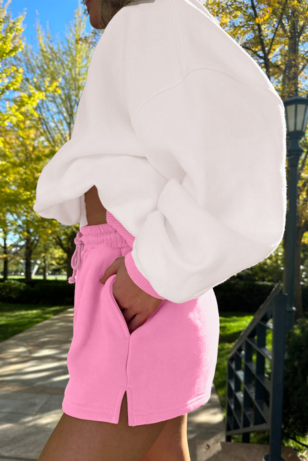 Strawberry Pink Colorblock Pullover and Drawstring Shorts Set 69171262511e555e