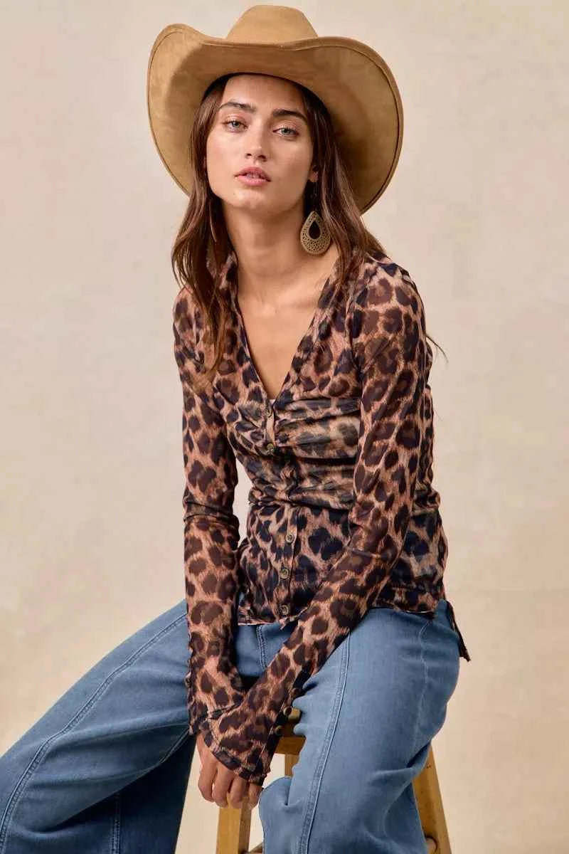 BiBi Leopard Printed Mesh Shirt With Button Up V Neck 691adf8cabed45859d50ac260c4c7435-Max-Origin
