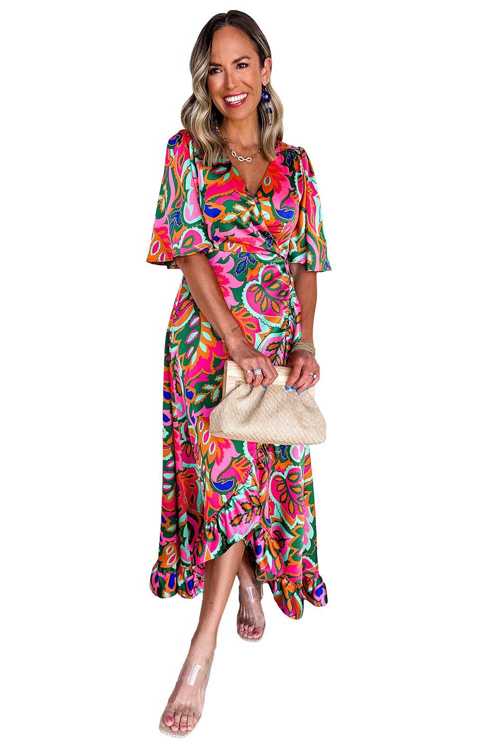 Rose Tropical Plant Print Surplice V Neck Ruffle Hem Maxi Dress 69317b5cd8c09033-_8