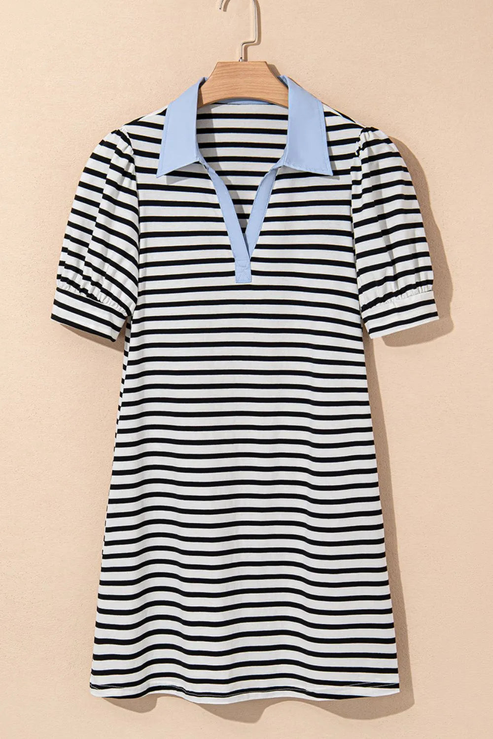 Stripe Contrast V Neck Collared Puff Sleeve T Shirt Mini Dress with Pockets 6944d914-dab7-49cc-8435-c3750645396a-Max-Origin