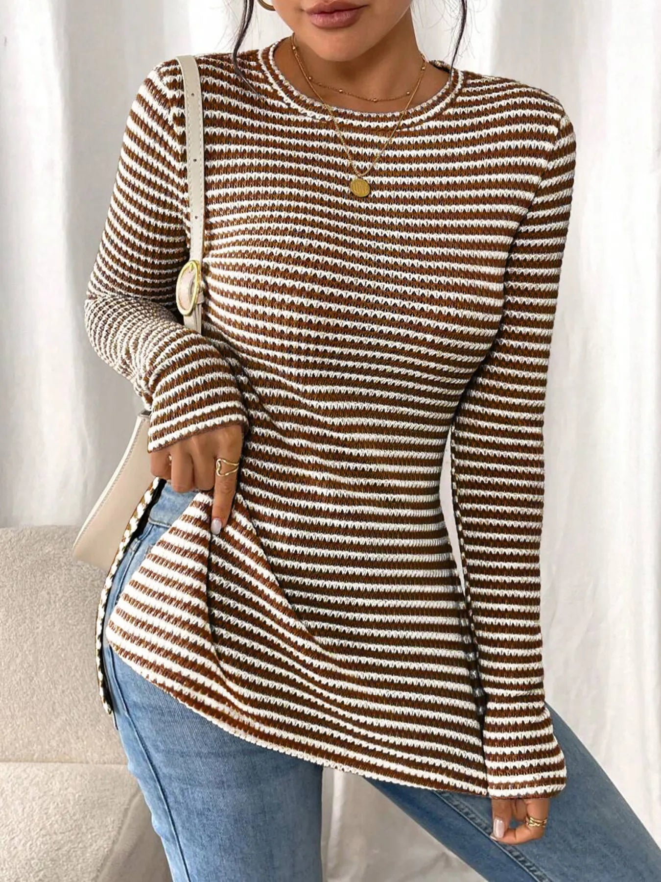 Side Slit Striped Long Sleeve T-Shirt 696e77a39ee54e9e89b9c6dc2fd47904-Max-Origin