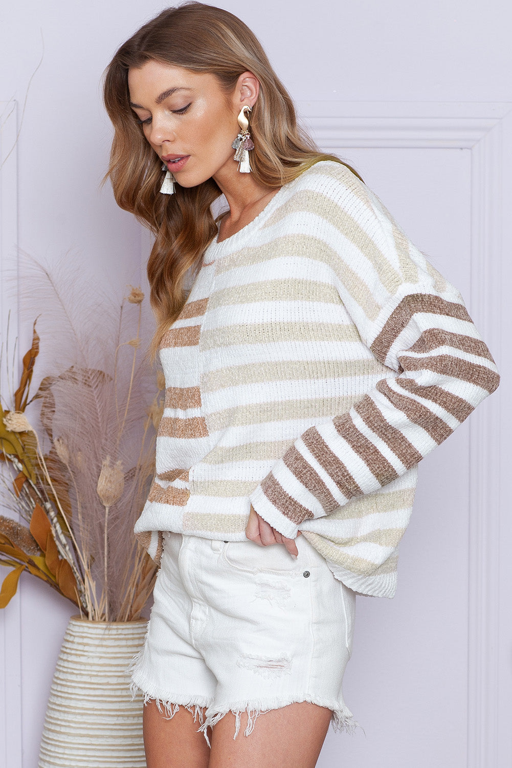 Color Block Drop Shoulder Pullover Striped Sweater 696f0f78daae58b7