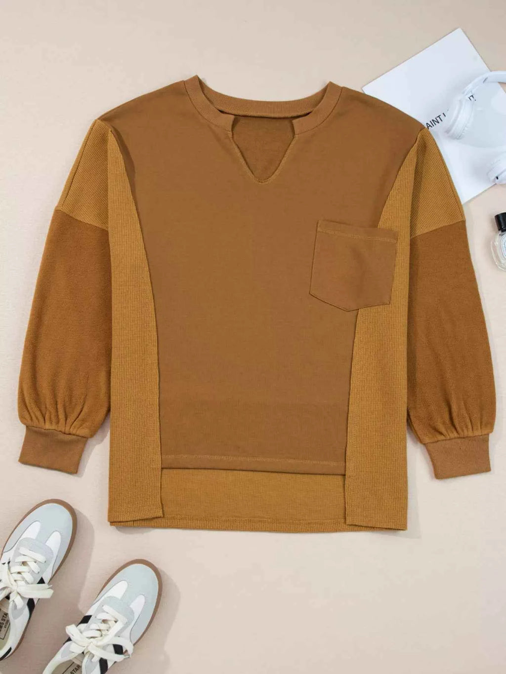 Oversized Textured Split Neck High Low Sweatshirt 697ab5ad5ba94358bd3c60cd0e686e7c-Max-Origin