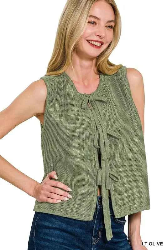 Zenana Tie Front Sweater Vest LT OLIVE 6986c1c3b3ca4e76bf20463f730057bf-Max-Origin