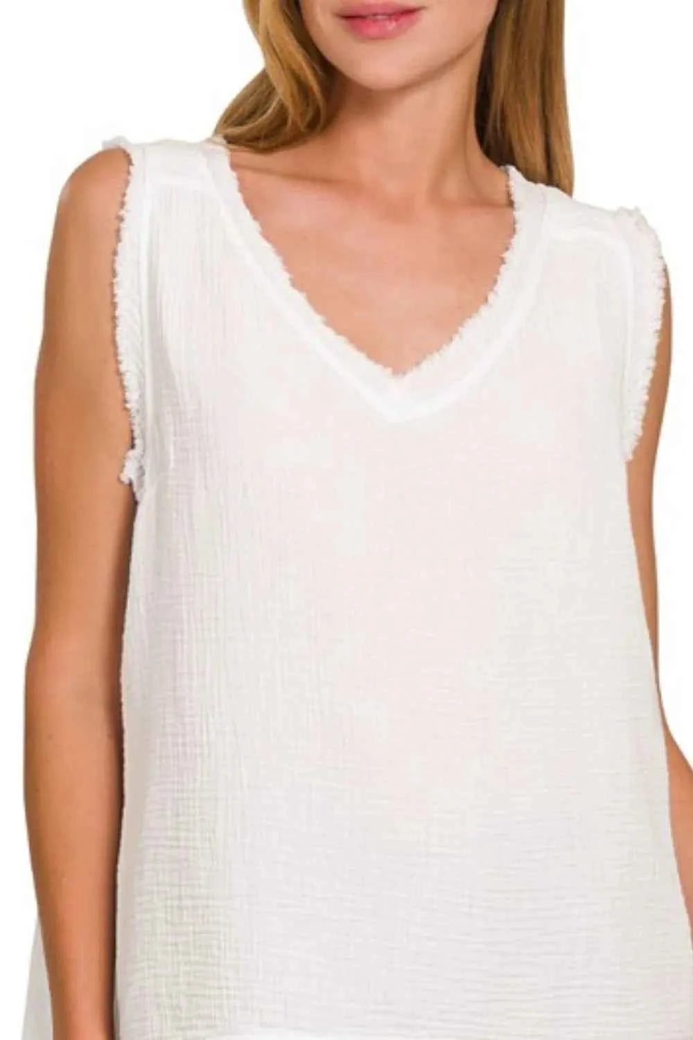Zenana Double Gauze Raw Edge V-Neck Tank 69b67053-0acf-4a6b-978c-b5e8b74976e3-Max-Origin