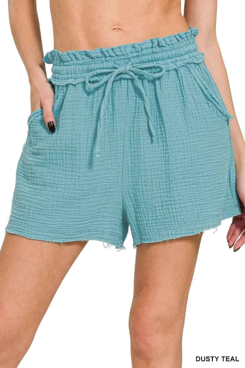 Zenana Double Gauze Drawstring Shorts DUSTY TEAL 69ea4e8111cc46a59510917976b960e8-Max-Origin