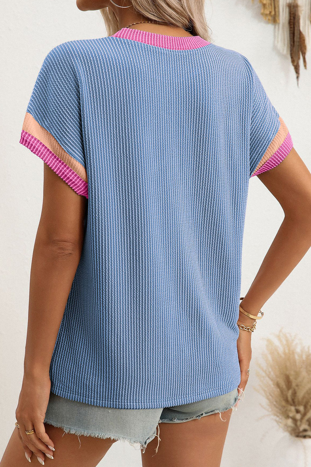 Dark Blue Colorblock Trim Corded Rib T Shirt 69eb3c00967bcf3e