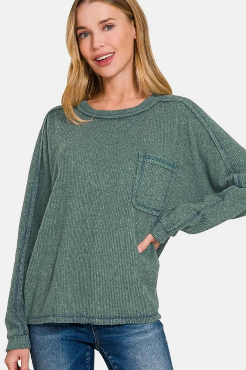 Zenana Full Size Contrast Stitching Brushed Ribbed Hacci Knit Top ASH JADE 69ec38ad-d411-4351-a2bc-8370bf06e9ec-Max