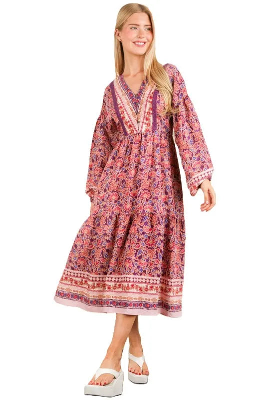 VERY J Floral Printed Boho V-Neck Balloon Sleeve Dress 69f2c498f88445ee9acd448af2cbf566-Max-Origin