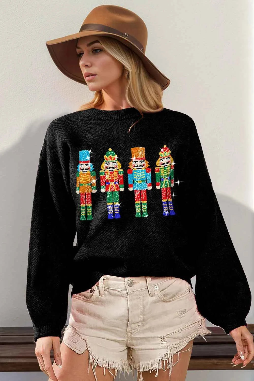 Double Take Full Size Sequin Nutcracker Long Sleeve Sweater Black 69fe3a8b-f2aa-4f1f-b101-8e767213f706-Max