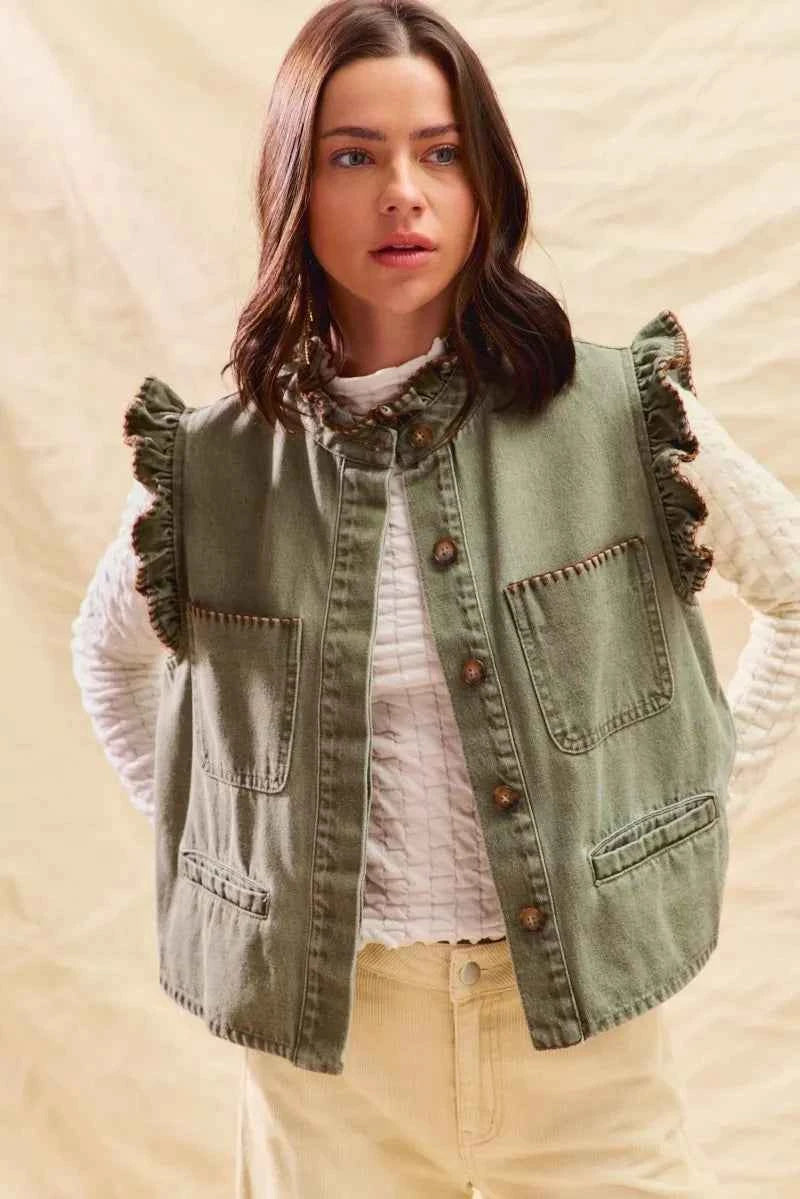 SO ME Washed Denim Stitch Ruffled Hidden Button Vest Top LT OLIVE BROWN 6a08f2ca8c1e4aefa1fe3ed026379946-Max-Origin
