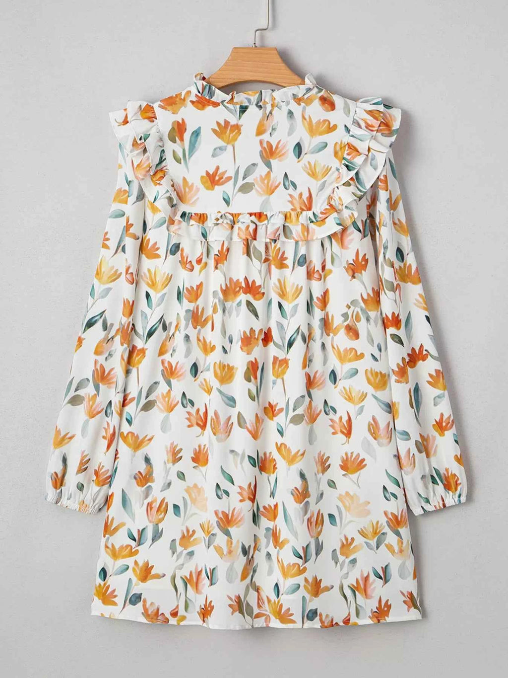 Floral Print Tie Neck Frilled Detail Long Sleeve Mini Dress 6a35b3a1016a428bb571f6ea0ab5cbf4-Max-Origin